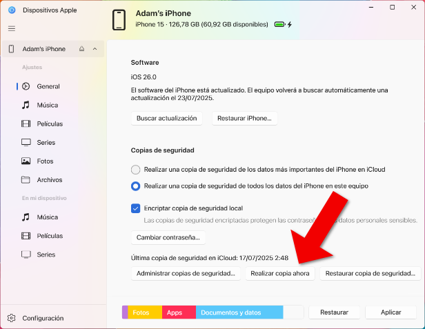 Hacer copia de seguridad de un iPhone con la app Apple Devices