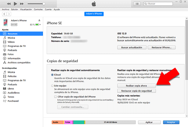 Como crear una copia de seguridad de iPhone con iTunes