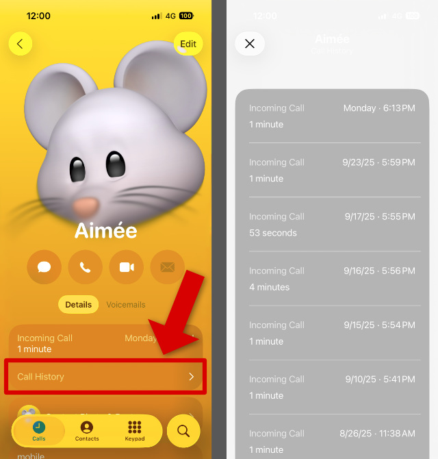 Acceder al historial de llamadas ampliado de un contacto en iPhone