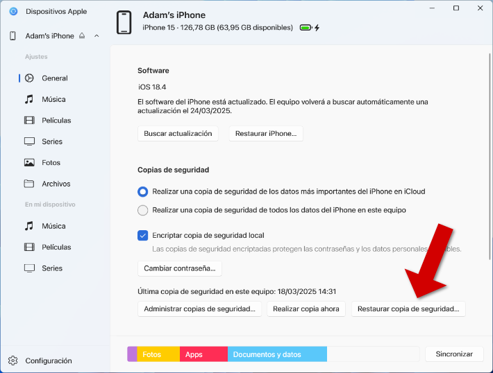 Restaurar iPhone desde una copia de seguridad de Dispositivos Apple