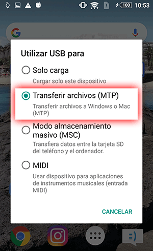 Configure Android para que los archivos se transfieran a la PC