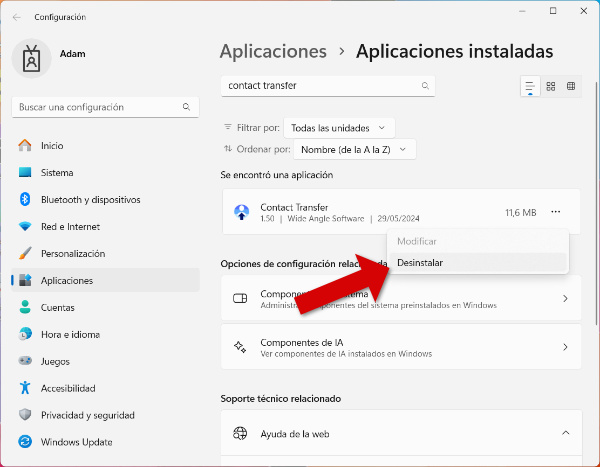 Desinstalar Contact Transfer en Windows 10 / 11