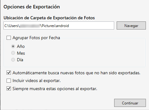 Configuración de exportación de fotos