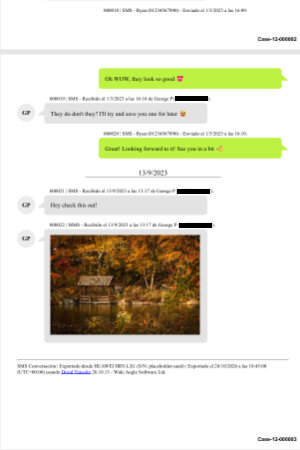 Ejemplo de mensajes de texto de Android impresos con Droid Transfer con detalles forenses