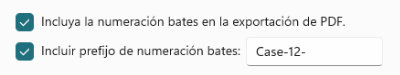 Captura de pantalla de las opciones de numeración Bates y prefijo