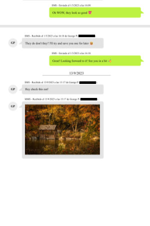 Ejemplo de mensajes de texto de Android impresos con Droid Transfer sin detalles forenses