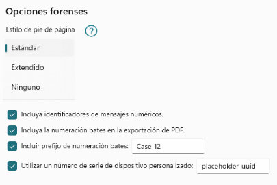 Captura de pantalla de los ajustes forenses de Droid Transfer como referencia para el resto de la guía