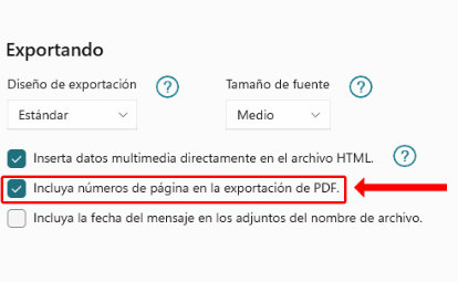Captura de pantalla de los ajustes para activar la numeración de páginas en PDF
