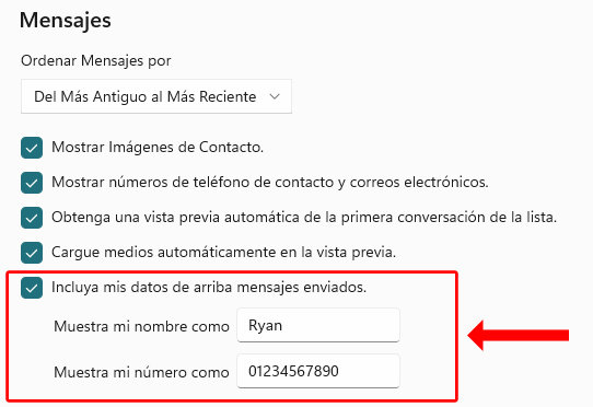 Captura de pantalla de los ajustes para añadir el nombre y el número de teléfono encima de los mensajes enviados