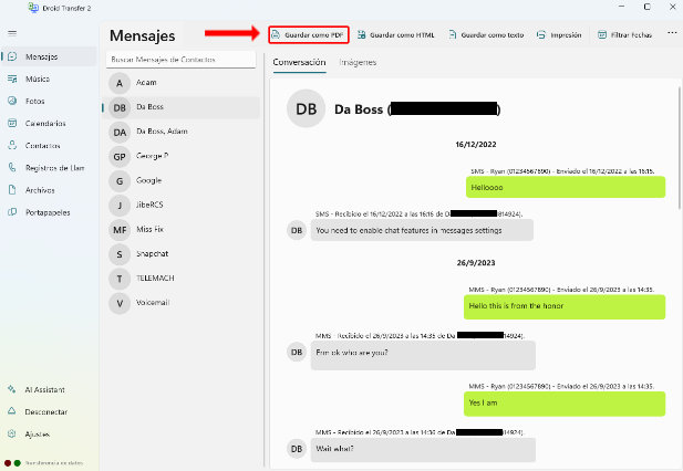 Captura de pantalla del botón de exportación a PDF resaltado en Droid Transfer