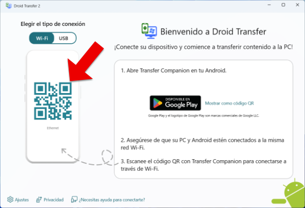 Droid Transfer connect screen