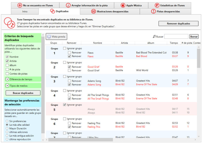 Tune Sweeper agrupa las pistas duplicadas para una simple selección.