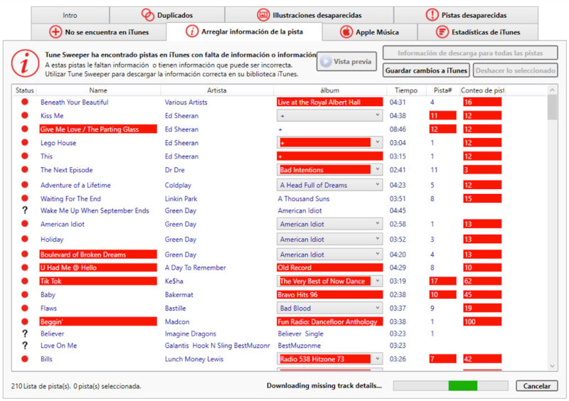 Tune Sweeper descarga cualquier información faltante de las pistas.