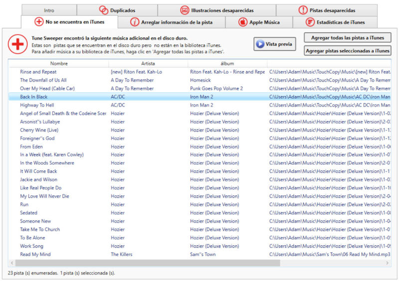 Tune Sweeper le muestra todas las pistas que usted tiene en su computadora que no están en su biblioteca iTunes.