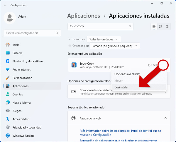 Desinstalar TouchCopy en Windows 10 / 11