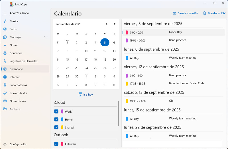 Copiar el calendario del iPhone a la computadora con TouchCopy