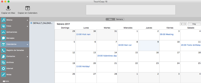 Copiar calendarios usando TouchCopy
