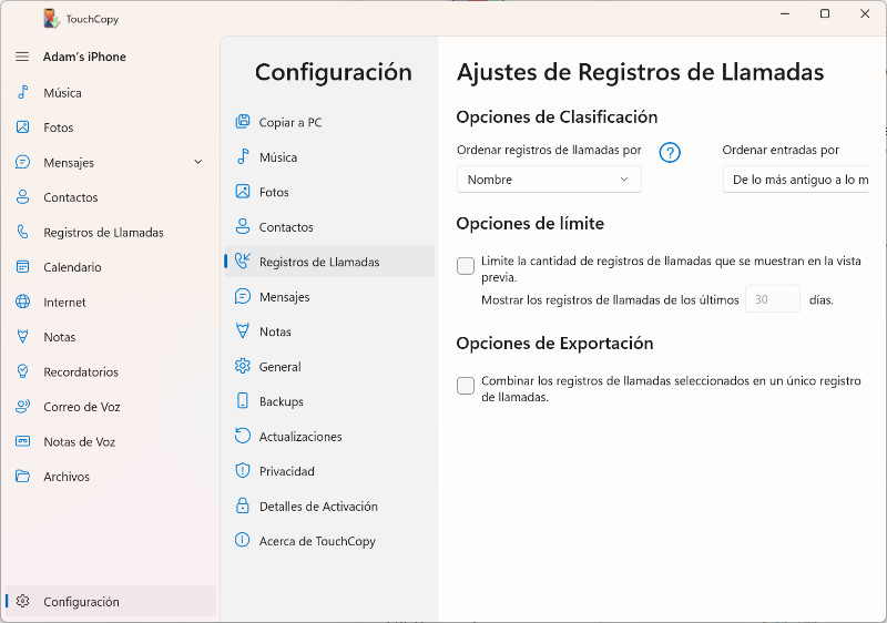 TouchCopy Call Log options