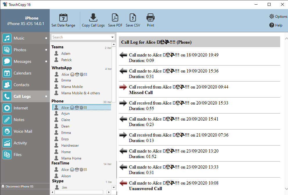 AImagen que muestra los registros de llamadas con TouchCopy