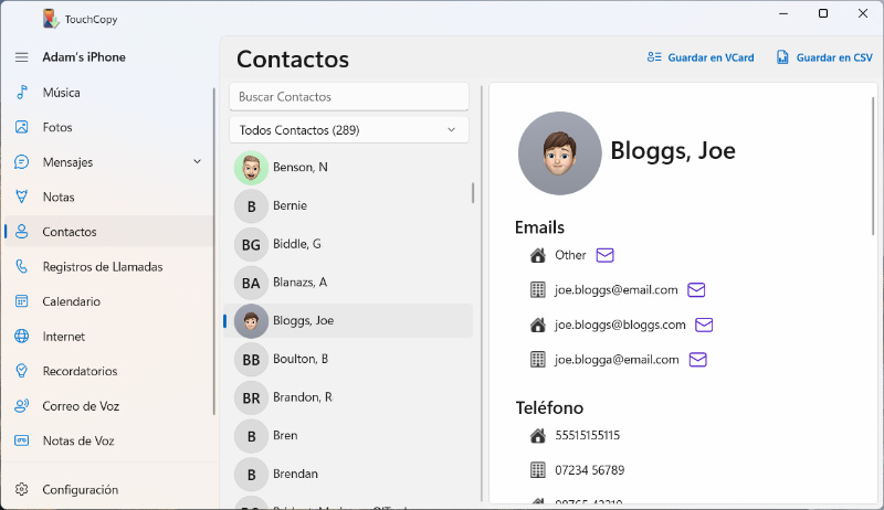 Copiar contactos del iPhone a la computadora con TouchCopy