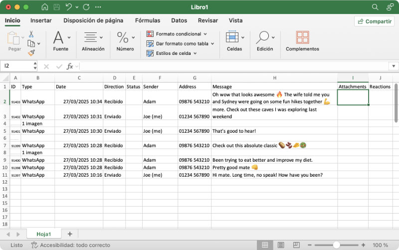 Ejemplo de conversación exportada como CSV con TouchCopy