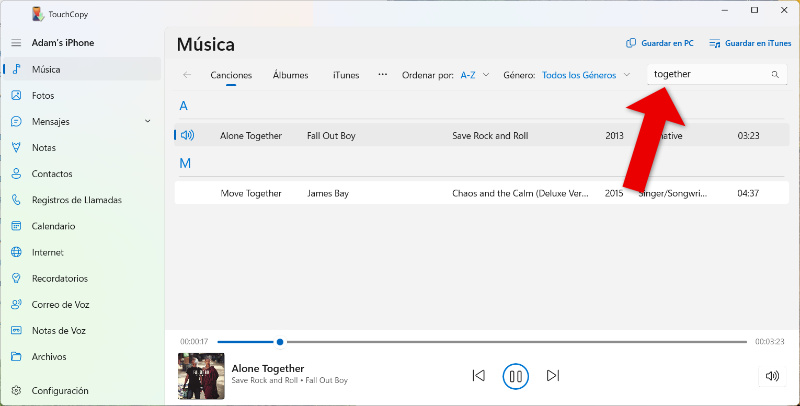 Buscar pistas de música en TouchCopy