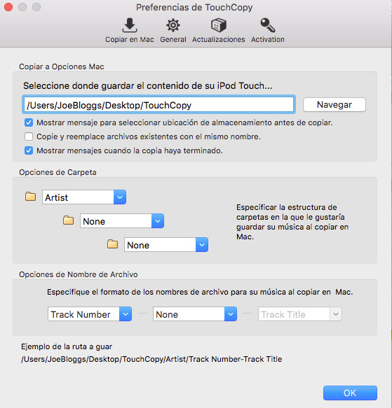 Opciones de TouchCopy