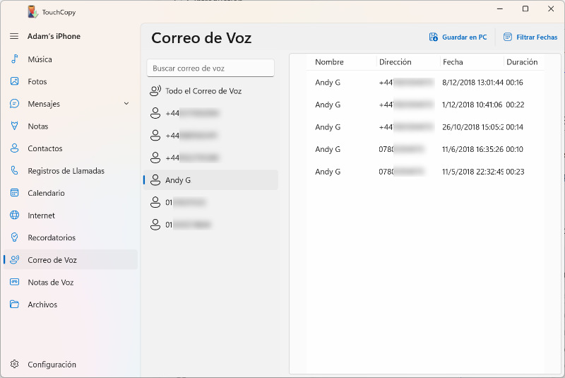 Guardar mensajes de voz del iPhone en el ordenador con TouchCopy