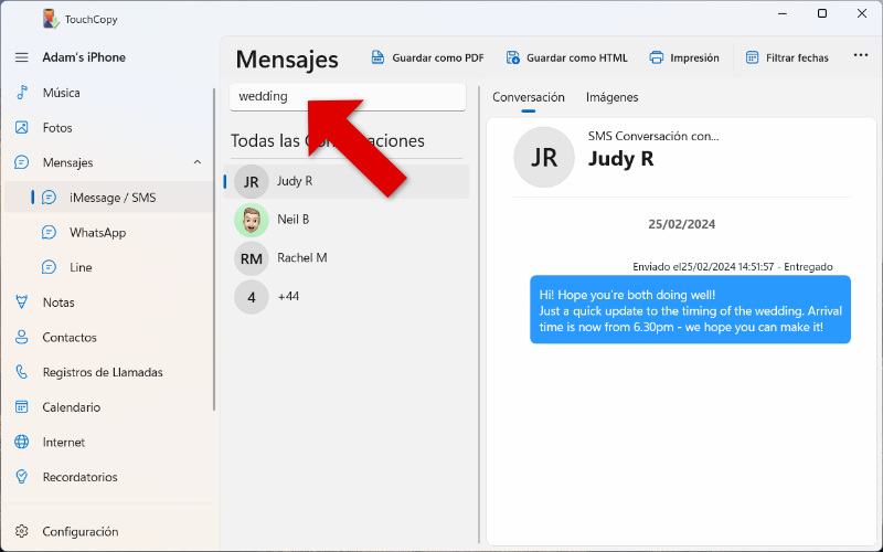 Buscar mensajes del iPhone con TouchCopy