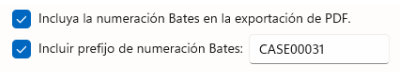 Captura de las opciones de numeración Bates y prefijo