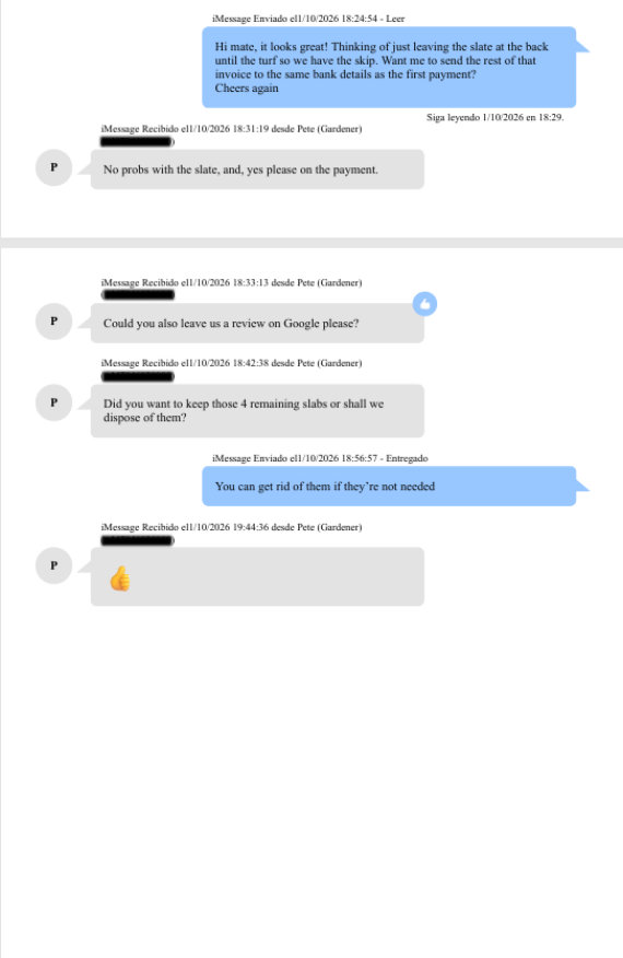 Ejemplo de mensajes del iPhone impresos con TouchCopy sin detalles forenses