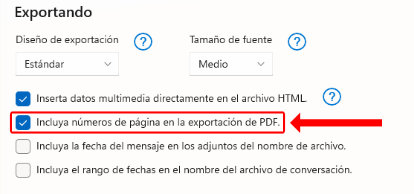 Captura de la configuración donde se puede activar la numeración de páginas del PDF