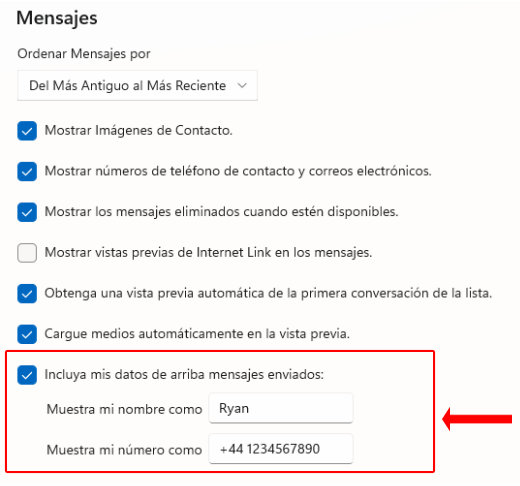 Captura de las opciones para añadir el nombre y el número de teléfono encima de los mensajes enviados