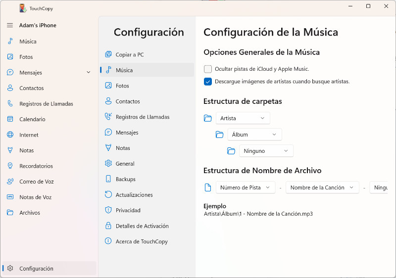 TouchCopy Music options