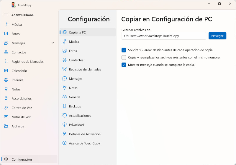 Opciones de TouchCopy