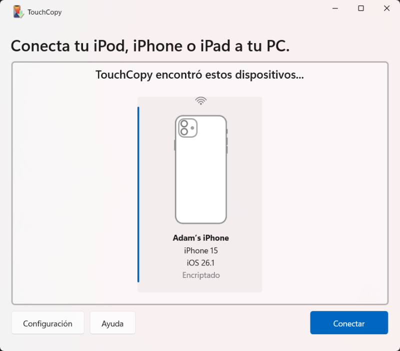 Conectar un dispositivo iOS con TouchCopy por Wi-Fi en PC