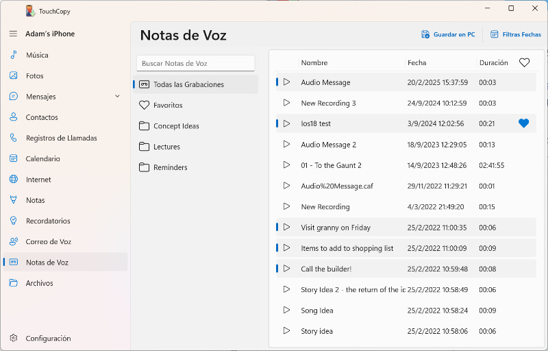 Transferir notas de voz del iPhone al PC con TouchCopy