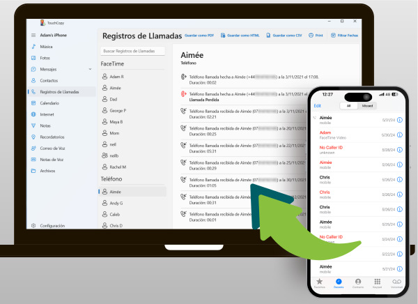 Copiando historial de llamadas del iPhone al ordenador con TouchCopy