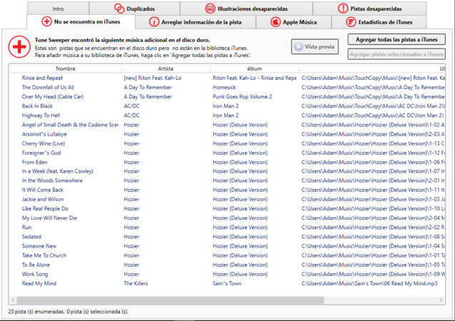 Tune Sweeper le muestra toda la música de su disco duro que no se encuentra en su biblioteca de iTunes