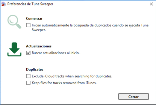 Ventana de preferencias de Tune Sweeper